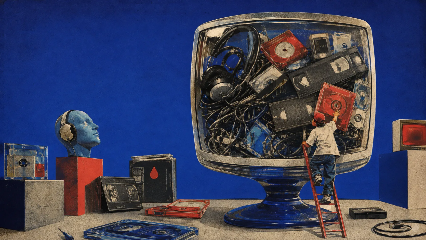 An illustration of a giant CRT monitor shaped like a fruit bowl overflowing with VHS tapes, MiniDiscs, cassettes and tangled headphone cables, as a small child climbs a red stepladder to reach inside.