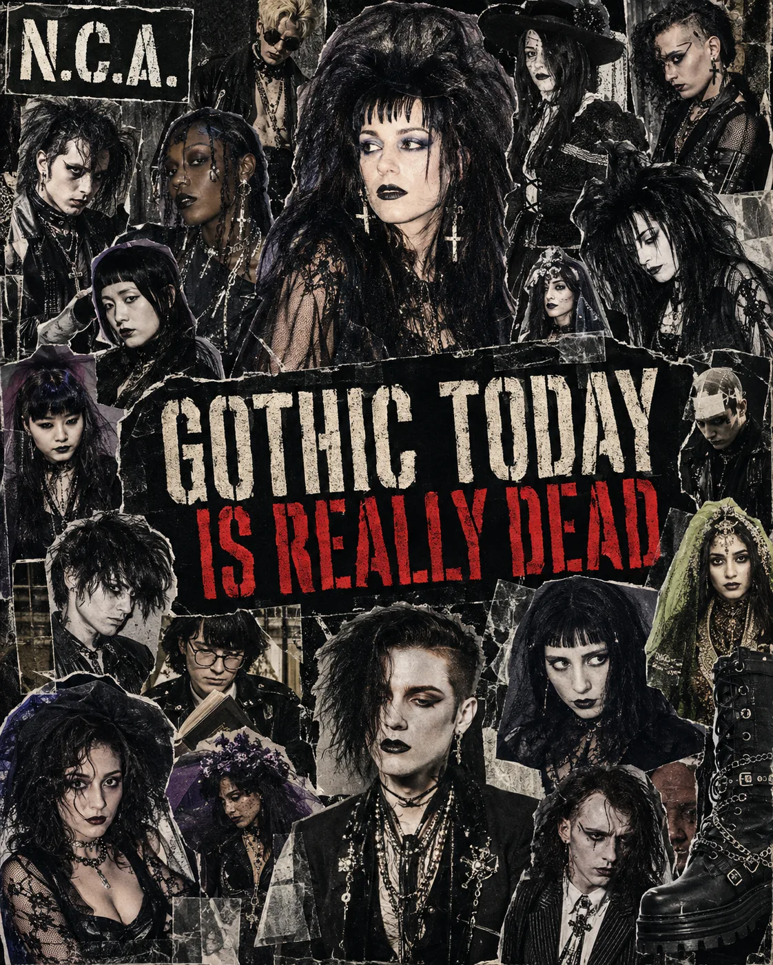 A torn black-and-white paper collage of dozens of goths with teased hair, black lipstick, crosses and lace.