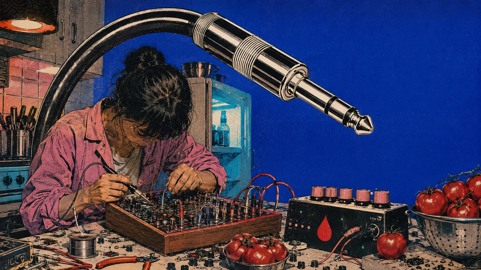 An illustration of a woman soldering a handmade modular synthesizer on a kitchen counter cluttered with tools, patch cables and bowls of tomatoes, while an enormous chrome headphone jack curves down toward her workbench against a cobalt blue field.