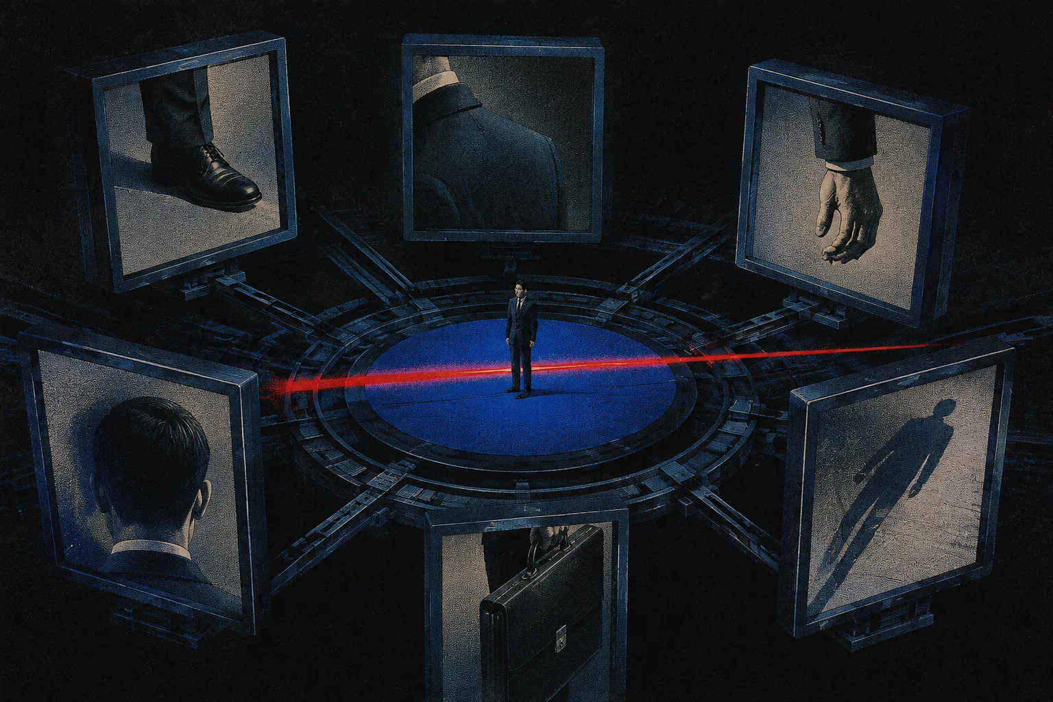 A small suited figure encircled by six screens each showing a fragment of his own body, a red laser line crossing the arena.