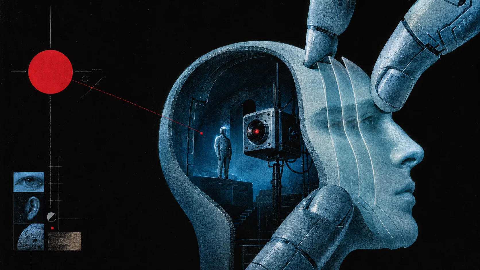 A cool blue illustration of a sculptural human head opened like a shell, with a tiny lone figure standing inside facing a camera lens, while oversized robotic fingers peel translucent layers away from the face.