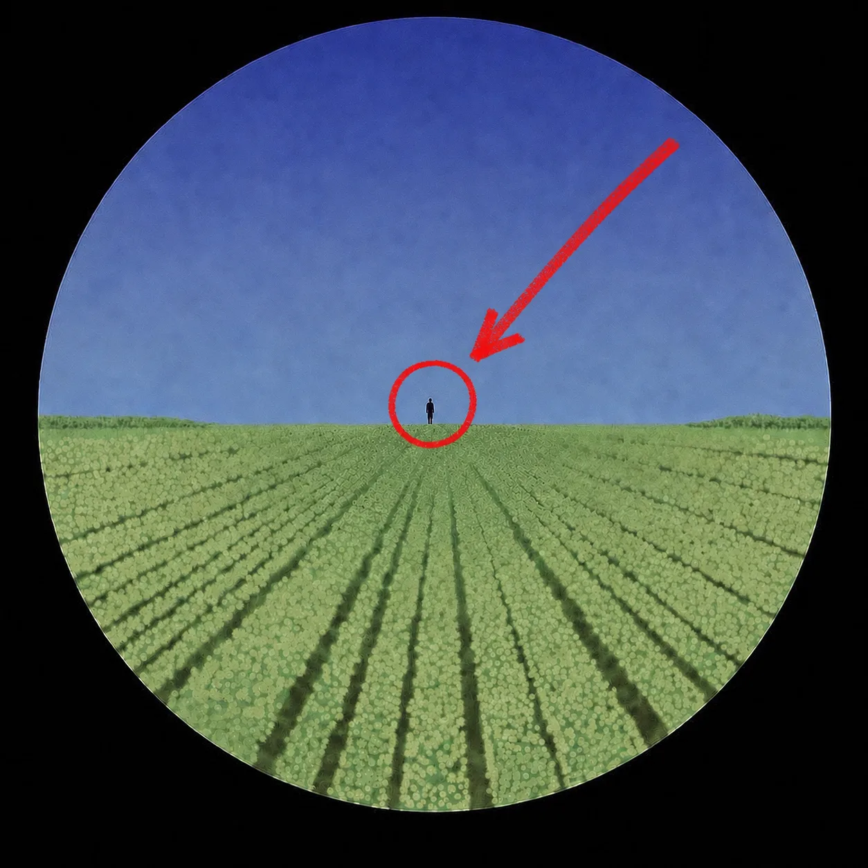 A circular field-and-sky photograph, a lone distant figure on the horizon circled in red with a red arrow pointing at them.