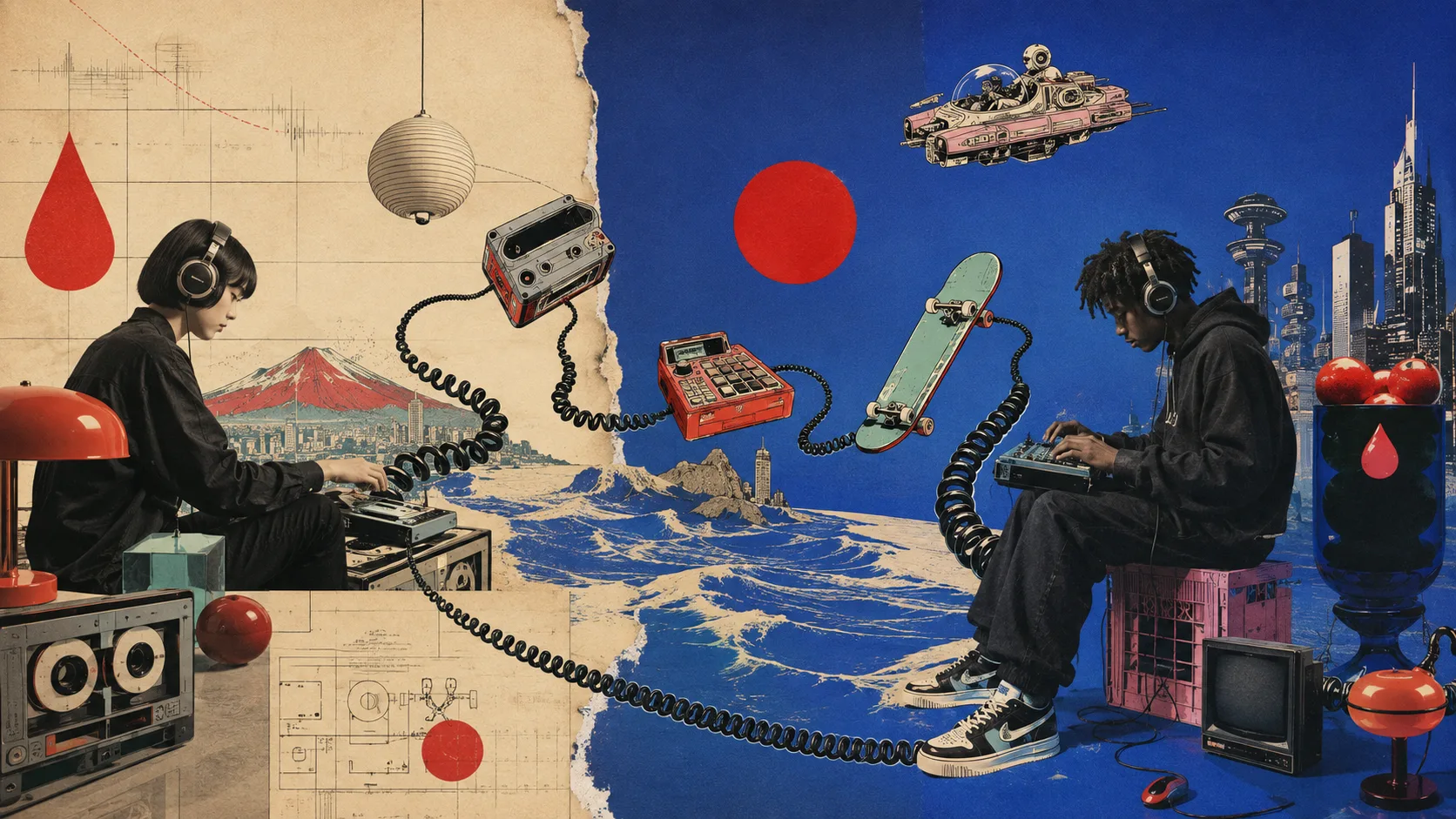 A torn-paper collage: on the cream half a musician in Tokyo works on a sampler beside Mount Fuji and a red sun, connected by coiled cables across a woodblock-style wave to a hooded producer on a milk crate in front of an American skyline on a cobalt half.