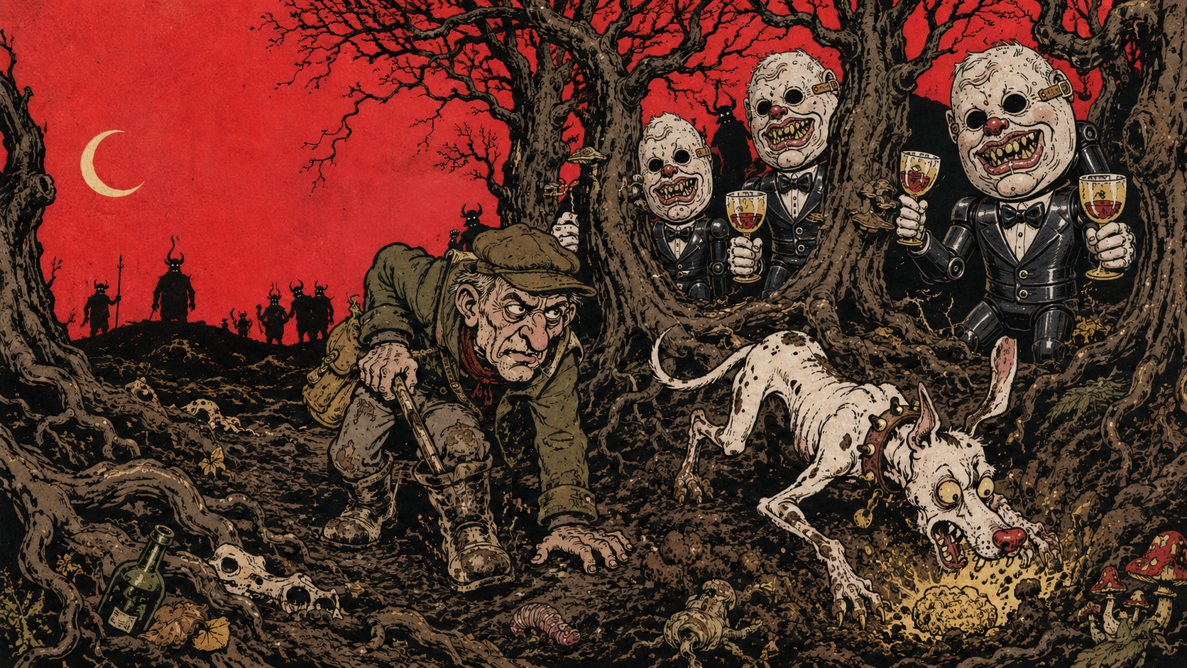 A muddy Italian truffle hunter and his dog dig beneath twisted trees at night under a sky the color of blood, while three grotesque wealthy diners in evening dress watch and drink from behind the trunks.