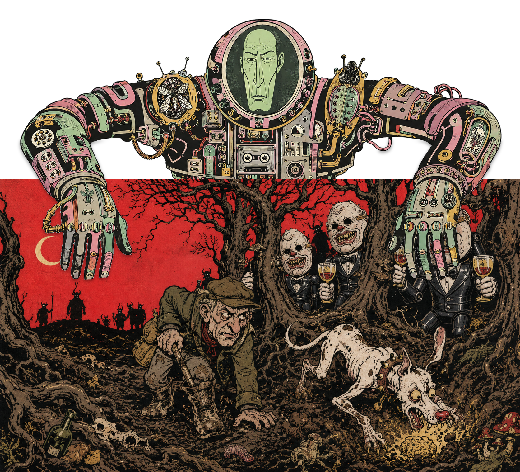 A colossal retro-futurist Signal Archivist rises behind an illustration of a muddy Italian truffle hunter and his dog digging beneath twisted trees under a blood-red sky, its two enormous mechanical hands hanging over the edges of the scene.