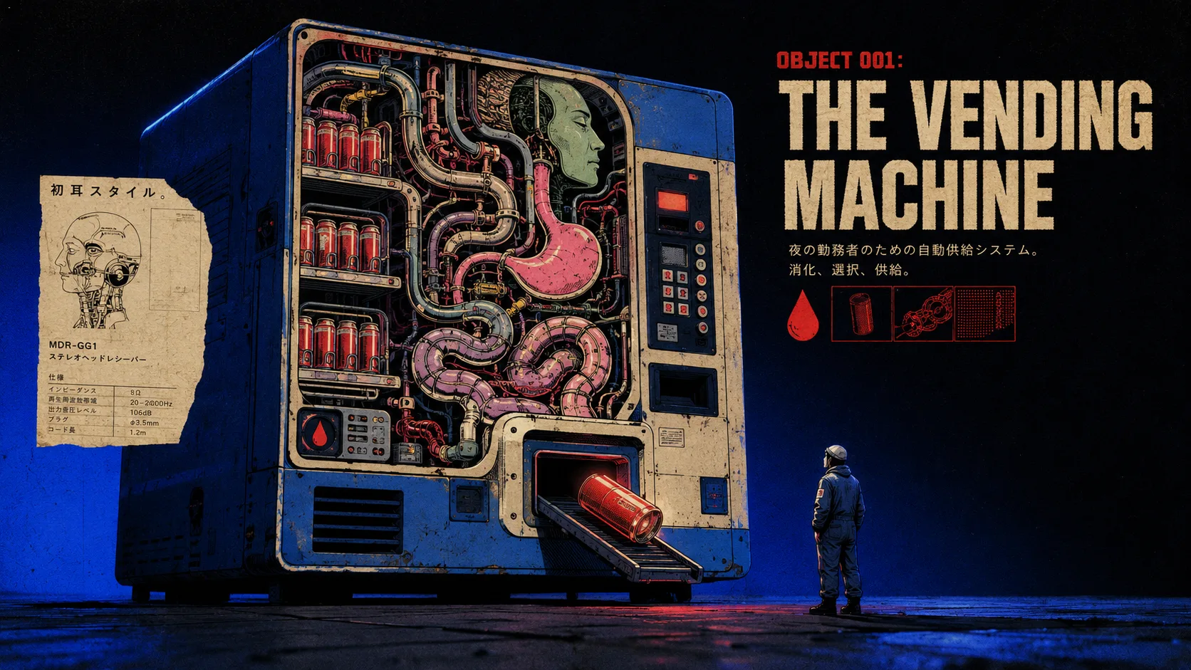 A cutaway illustration of a blue Japanese vending machine revealing an anatomical interior of pink intestines, pipes and a green human profile among racks of red cans, with a small worker in overalls standing beside it in the dark.